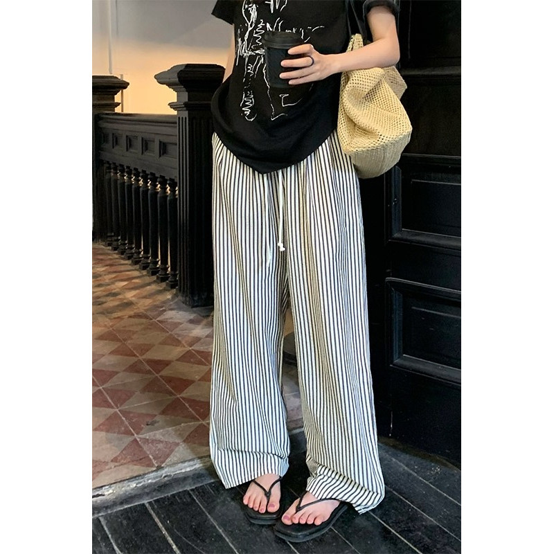 quần kẻ sọc ống rộng Quần sọc co giãn, kích thước lớn, thẳng, rộng, dài chạm đất, phong cách Hàn Quốc
