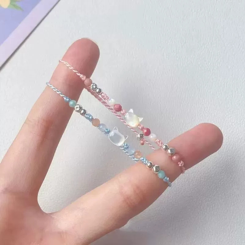 [YUNYUAN] Vòng tay mèo kẹo ngọt dễ thương Thiết kế đính cườm Vòng tay xoắn dệt tay Quà tặng có thể điều chỉnh cho bạn bè
