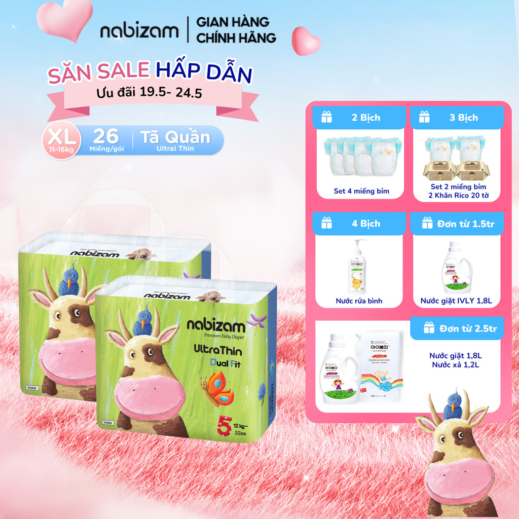 Ảnh Combo 2 Bịch Tã Quần NABIZAM Ultra Thin Nội Địa Hàn Rãnh Chống Tràn Linh Hoạt Size XL Cho Bé Từ 11-16kg, 26 Miếng/Bịch 1