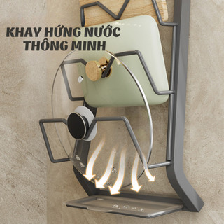 Kệ Cài Vung Dán Tường Thép Cacbon Chống Gỉ, Giá Để Nắp Nồi Kem Khay Hứng Nước Thông Minh