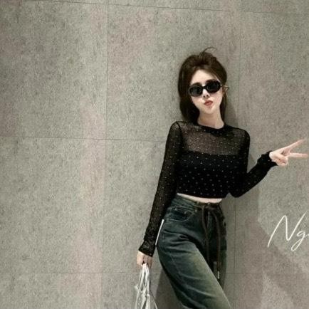 Áo lưới  nhũ kim tuyến dài tay  siêu cá tính và trẻ trung dành cho nàng Top Nữ Women Đen Sơ Mi