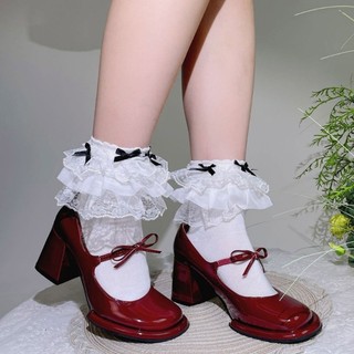 DE Vớ mắt cá nữ chất liệu cotton, thiết kế ren và ruffles viền, thêm phần xinh đẹp với nơ.