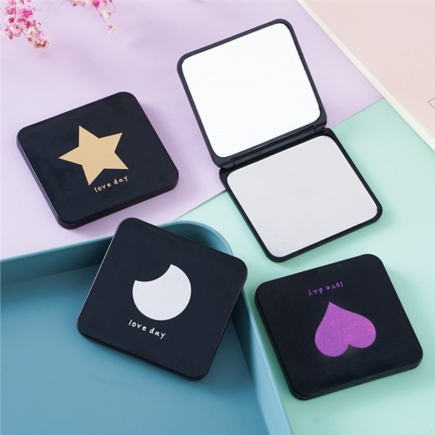 Gương trang điểm gấp gọn mini 2 mặt thường và phóng to màu đen vỏ nhám 7*6.5cm FE123