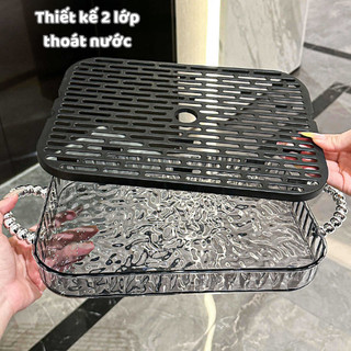 Khay Trà 2 Lớp Vân Kim Cương Trong Suốt ECO, Khay Úp Ly Cốc Để Bàn Tay Cầm Ngọc Trai Sang Trọng