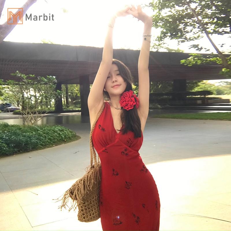 Marbit Mùa Hè Nữ In Hoa Cổ Chữ V MIdi Đầm Đi Biển Phong Cách Lưng Đầm Mới
