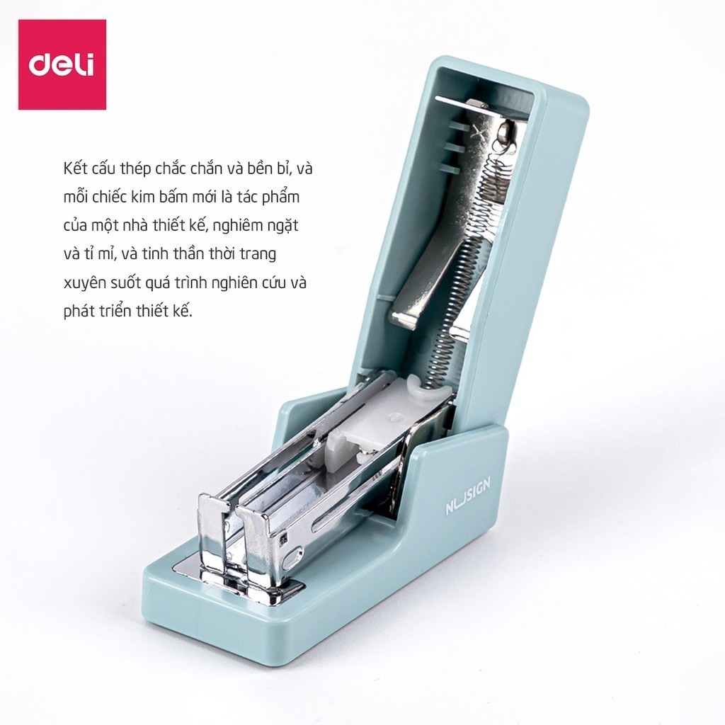 Bấm kim, dập ghim học sinh văn phòng mini DELI 12 tờ tiện lợi, màu PASTEL CUTE - Tặng 1 hộp ghim Nusign số 10.