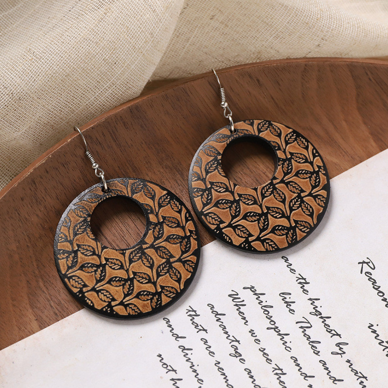 GHGl❤️Bông tai thiết kế khắc gỗ phong cách Trung Quốc retro, kiểu tròn dân tộc nữ tính