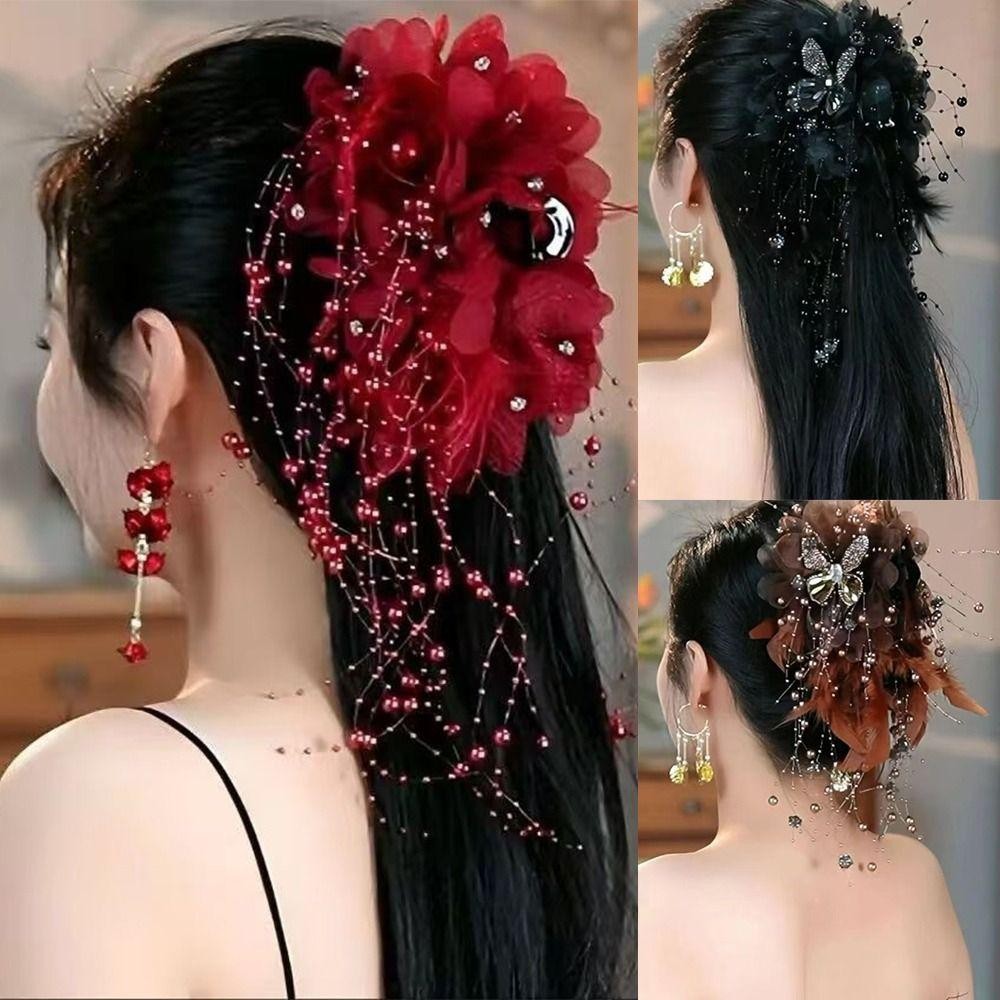 GOODH Nắm Kẹp, Vuốt Tóc Vải Bốn Hoa, Tua Rua Thời Trang Lông Hoa Ngọc Trai Phụ Kiện Tóc Cho Bé Gái