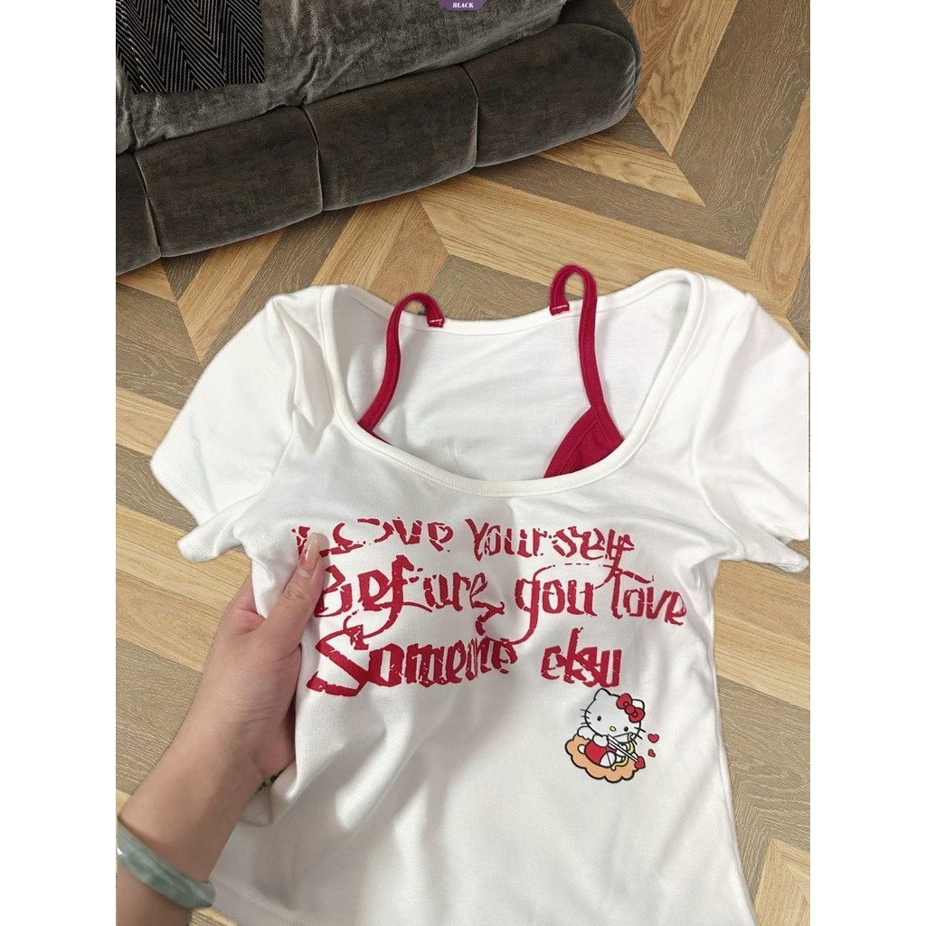 Mùa Hè Spice Girls Giả Hai Chữ Cái In Hình Mèo KT Nữ Mỹ Mỏng Ngắn Có Miếng Lót Ngực Tay Ngắn [BL]