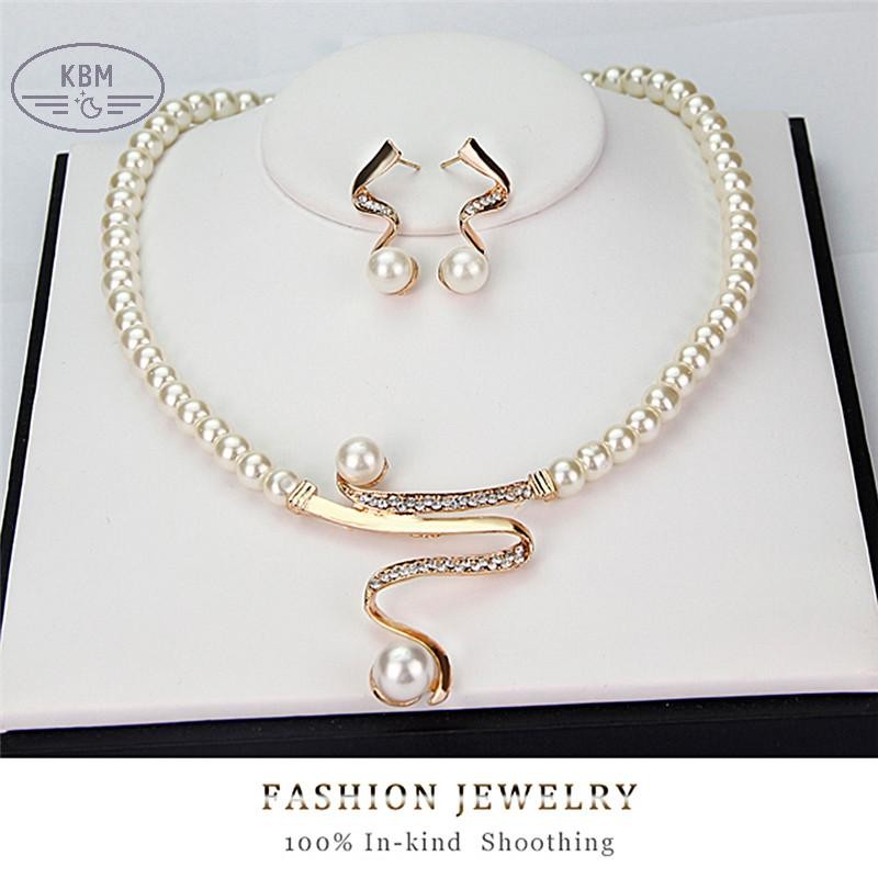 KBM Phụ Nữ Mới Cô Dâu Tiệc Cưới Ngọc Trai Kim Cương Giả Vòng Cổ Bông Tai Bộ Trang Sức FSSG