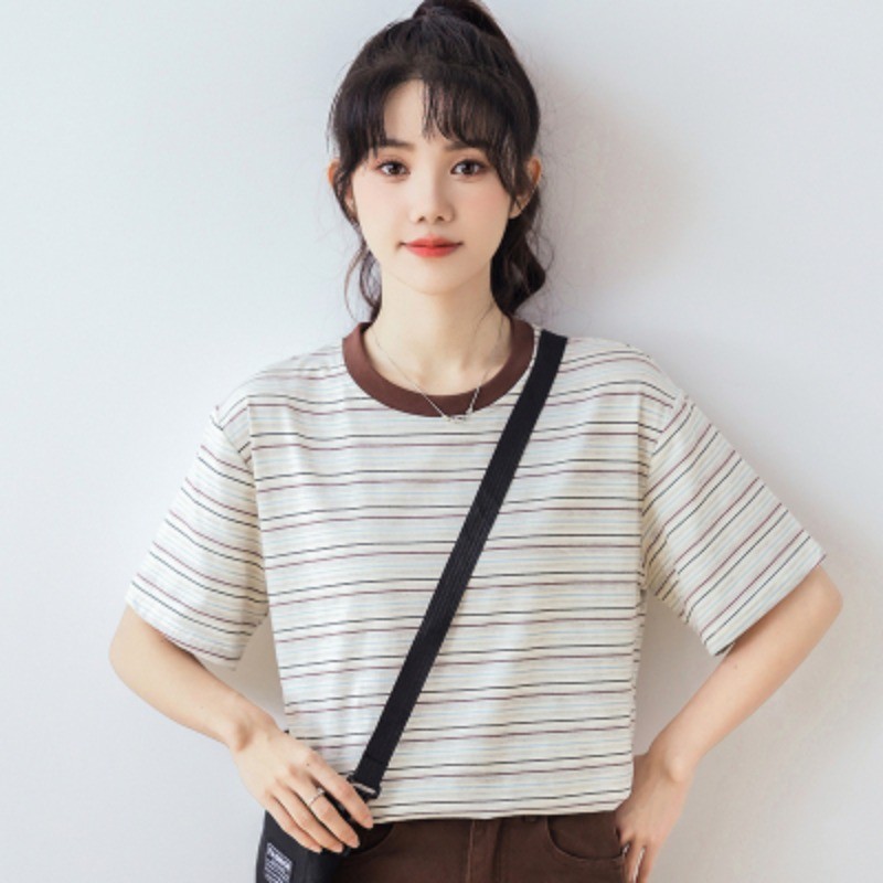 Áo thun Cotton sọc đơn giản dành cho nữ mùa hè mới 250512
