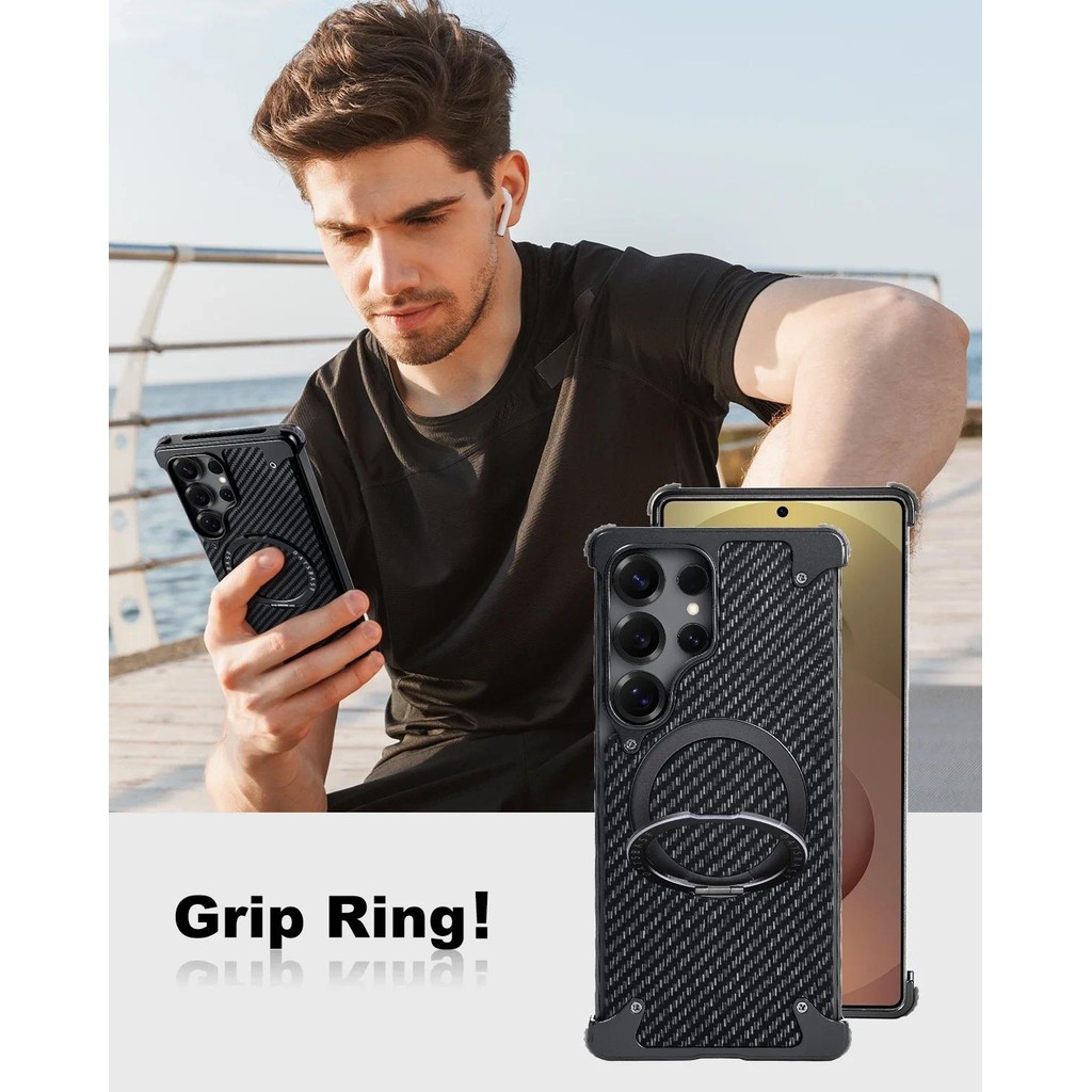 Dành Cho Samsung Galaxy S25 Ultra Ốp Lưng Điện Thoại Kết Cấu Sợi Carbon 360° Chân đế có thể xoay được Vỏ không khung từ tính
