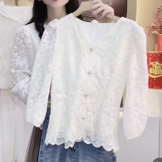 Phong Cách Hàn Quốc Nữ Ôm Eo Ren Thêu 3 / 4 Áo Sơ Mi Tay Áo