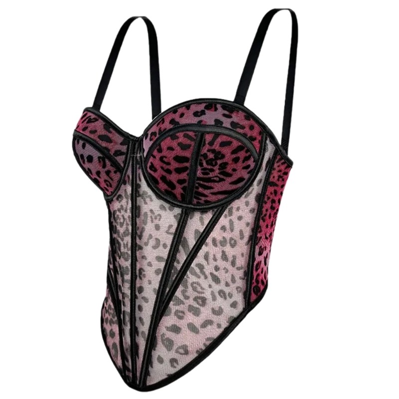Vic Phong Cách Da Báo Lưới Cami Top Dành Cho Nữ Và Bé Gái Lưới Thoáng Khí Bustier Crop Cami Pha Trộn Thoải Mái Và Phong Cách