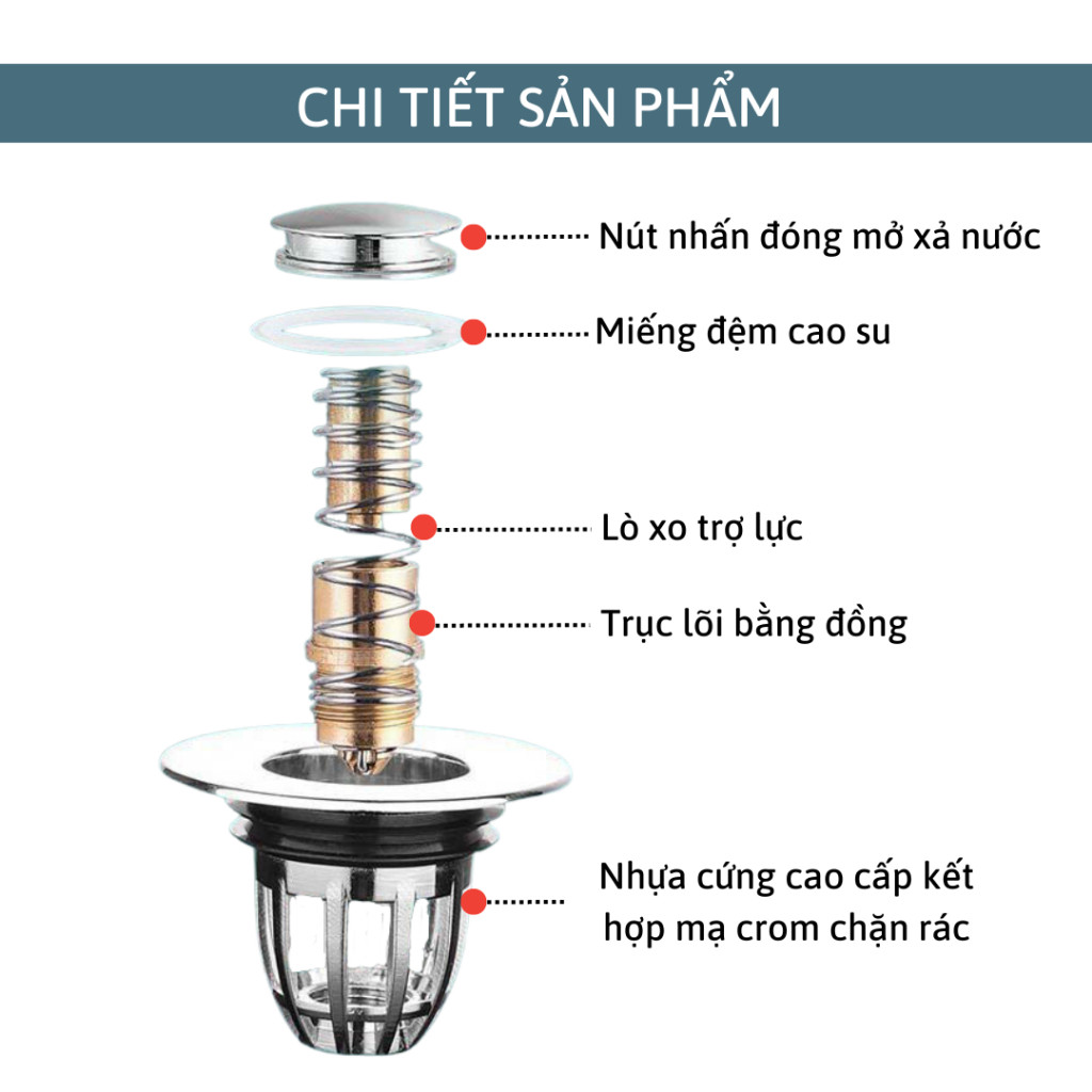 Nút Nhấn Xả Lõi Đồng Thông Minh Cho Lavabo, Ngăn Mùi, Lọc Rác Bồn Rửa Mặt