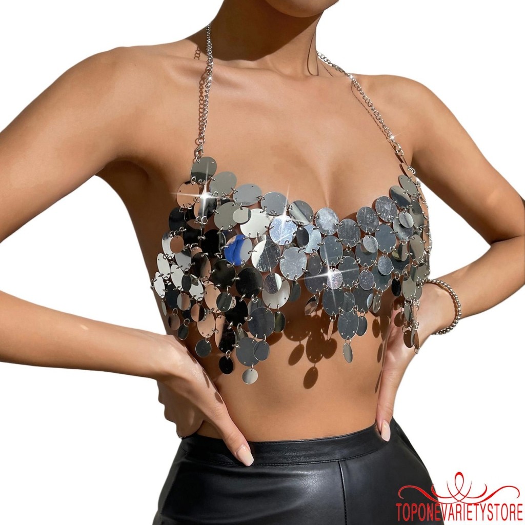 Topone-nữ Trang Bị Cami Top Bạc Không Tay Dây Cổ Kim Sa Lấp Lánh Áo Crop Top