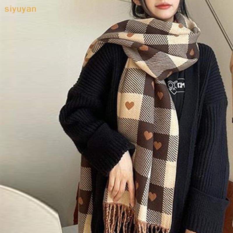 Siyuyan Mới Thu Đông Khăn Cho Nữ Dệt Kim Hình Trái Tim Kẻ Sọc Cô Gái Dễ Thương Khăn Mùa Đông Thời Trang Đại Học Khăn Choàng Cổ VN