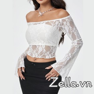 Áo thun nữ dài tay ren lưới xuyên thấu vai mùa xuân thu Slim Fit Crop Tops