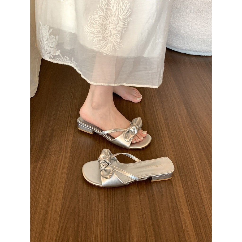 Xăng đan Nơ Mở Mũi Nữ Mặc Ngoài Flat Mules Satin Dép