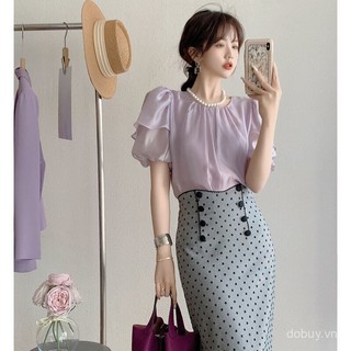 2025 Mùa hè Pháp sang trọng áo blouse cổ tròn tay ngắn thiết kế thời trang đa năng cho phụ nữ