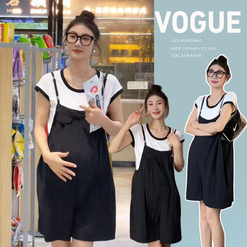 Bộ đồ bà bầu Mùa hè Phong cách mới Thời trang Màu sắc tương phản Áo thun ngắn tay + Quần yếm Bộ đồ hai mảnh