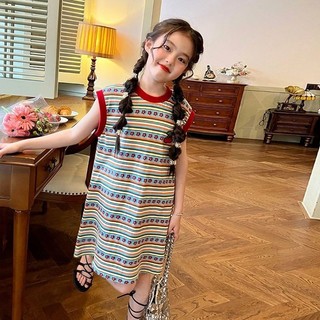 Đầm thun bé gái kẻ sọc retro – Váy suông không tay phong cách năng động mùa hè