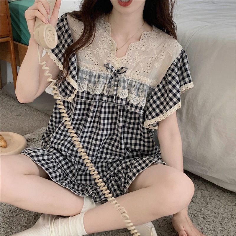 Đồ Bộ Ngủ Nữ Mùa Hè Tay Ngắn Caro Bigsize Mặc Nhà Form Rộng Mát Mẻ Dáng Tiểu Thư – PONA