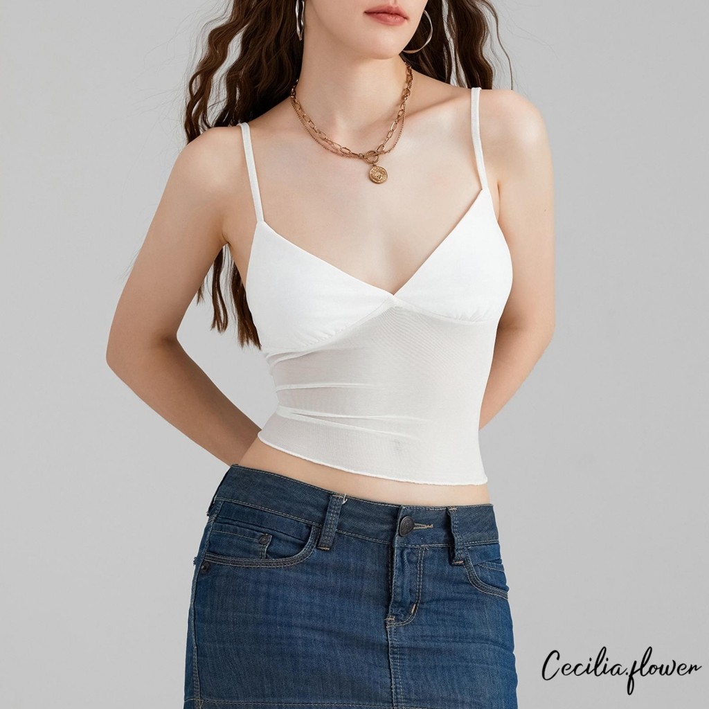 Áo hai dây nữ Spaghetti Dây đeo cổ chữ V tuyn chắp vá Slim Fit Áo mùa hè cho câu lạc bộ tiệc tùng