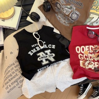 Bộ áo vest không tay cotton mùa hè cho trẻ em, quần short in chữ hoạt hình cho trẻ lớn, bộ hai mảnh