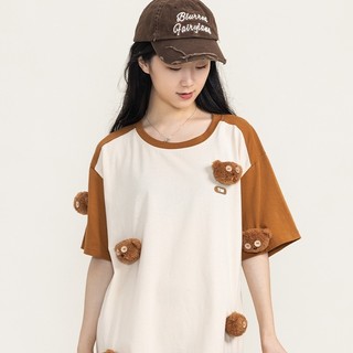 Little Yellow Man Tim Bear Ba Chiều Tay Ngắn Hoạt Hình Hàng Hóa Khóa Màu Raglan Phong Cách Retro
