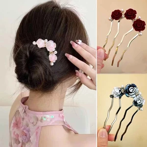 Kẹp tóc lược đính hoa hồng 133cm xanh, phong cách Trung Hoa, phụ kiện tóc đầu sau