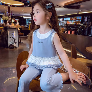 Bộ áo vest mùa hè mới cho bé gái, áo camisole ren phong cách Hàn Quốc, quần ống loe cho bé gái, bộ hai mảnh