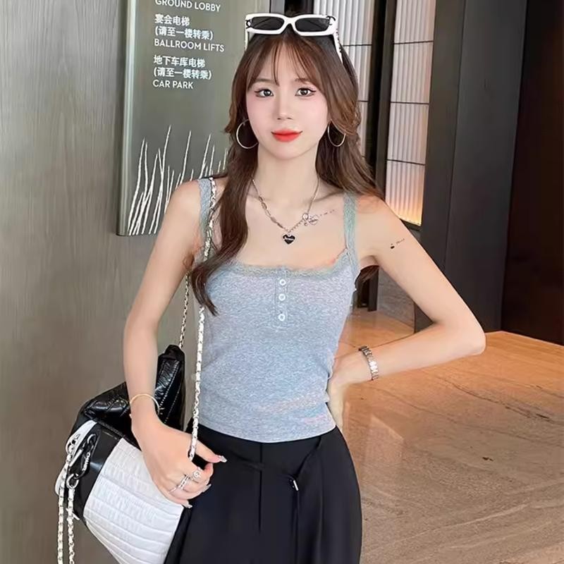 Áo 2 Dây Nữ Kiểu Viền Ren Phối Cúc Cổ A5876