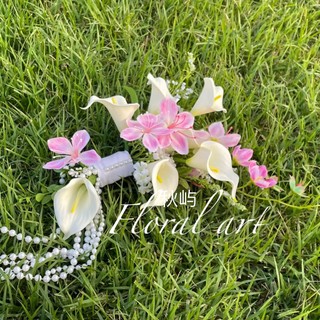 Bó hoa cưới cầm tay cô dâu từ hoa rum cao su non và hoa lụa màu trắng tím phong cách hàn quốc C003