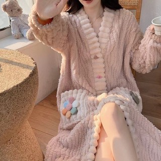 Bộ đồ ngủ cardigan cầu vồng nữ flannel áo ngủ giữ ấm mùa thu đông bộ hai chiếc đồ mặc nhà thường ngày cỡ lớn