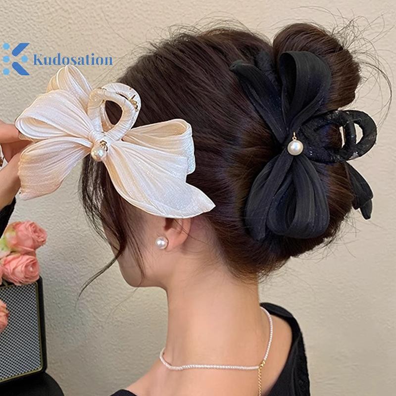 Kudosation Pháp Ngọc Trai Nơ Xếp Ly Kẹp Tóc Nữ Hàn Quốc Thanh Lịch Kẹp Phụ Kiện Tóc