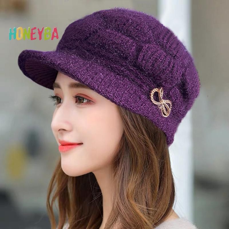 < Honeyba > Mũ Ấm Áp Mùa Đông Mũ Dệt Kim Thời Trang Mẹ Bà Nón Sang Trọng Dày Lót Lông Cừu Ấm Áp Quà Tặng Giáng Sinh