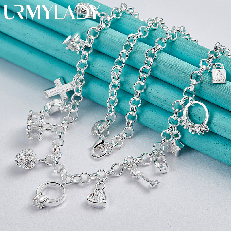 URMYLADY Bạc 925 Chữ Thập Chìa Khóa Trái Tim Ngôi Sao Zircon Mặt Dây Chuyền Vòng Cổ Cho Nữ Trang Sức