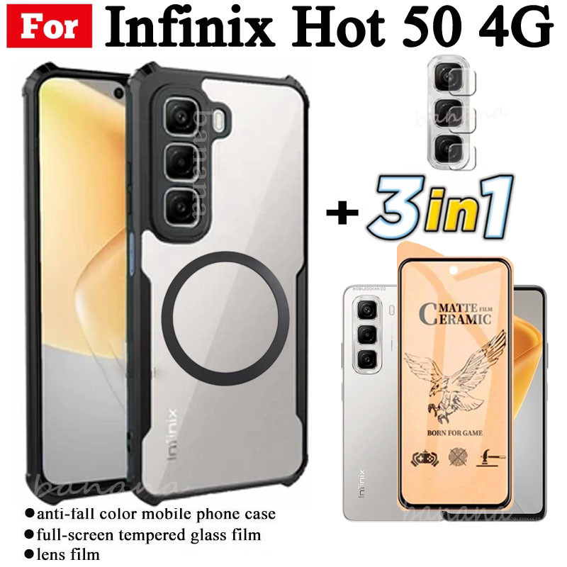 Ốp điện thoại chống sốc 3 trong 1 Infinix Hot 50 4G có nhãn dán sạc không dây từ tính cho Infinix Hot 50 5G 50i Bảo vệ toàn diện Kính cường lực bảo vệ màn hình và phim ống kính