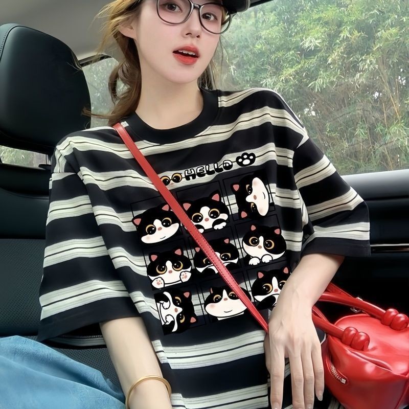 Mỹ Retro Sọc Sinh Viên Áo Thun Nữ Tay Ngắn Thiết Kế Mùa Hè Niche Top