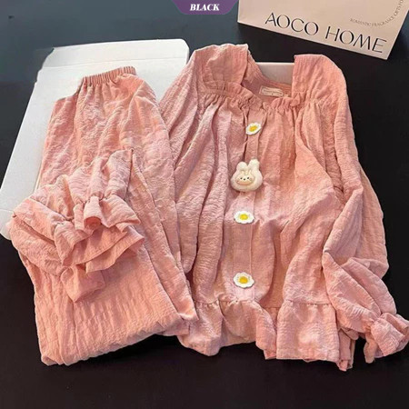 Xuân Thu Mới Bộ Đồ Ngủ Ren Ngọt Ngào Nữ Có Miếng Lót Áo Ngực Màu Hồng Dài Tay Rời Homewear Suit [BL]