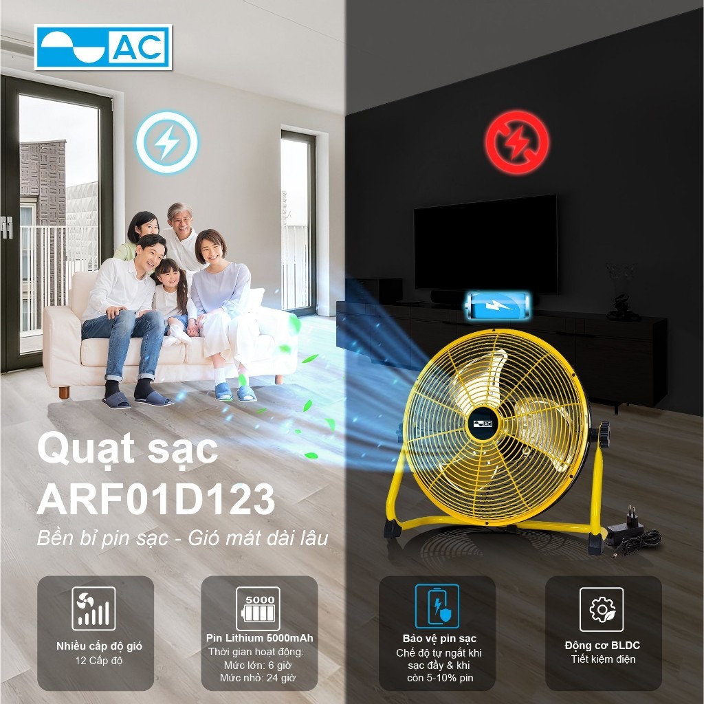 Quạt Sạc Đa Năng AC ARF01D123 12W cánh 12-inch pin Lithium-ion - Bảo hành chính hãng 12 tháng