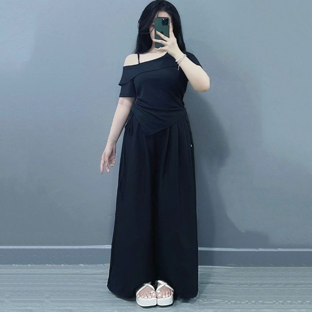 Bộ Đồ Hè Nữ BigSize Kiểu ,Set Áo Thun Trễ Vai Kèm Quần Suông Ống Rộng Vải Mềm Mịn Mát SET980
