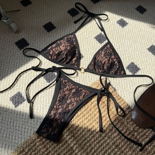 Đồ Bơi Nữ Ren Đen Chia Vải Dây Hai Mảnh Bikini Đồ Bơi