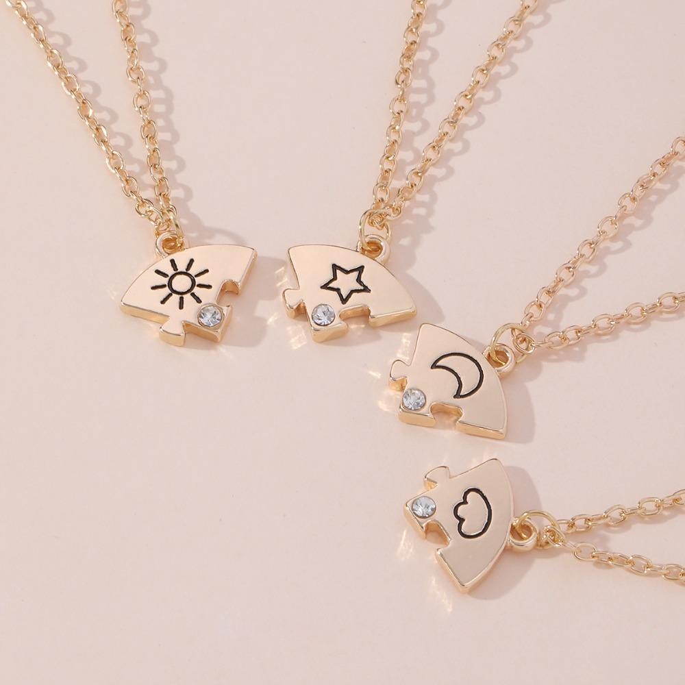 LACYES 4 cái/bộ Bộ trang sức Vòng cổ ghép hình kim cương giả BFF, mặt trời-mặt trăng-mây-sao, sáng tạo nhiều màu