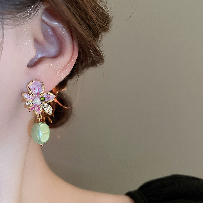 [Jewbeauty] Vàng thật mạ bạc kim vàng tím nhỏ giọt dầu hoa ngọc trai bông tai Pháp ngọt ngào cao cấp bông tai nữ