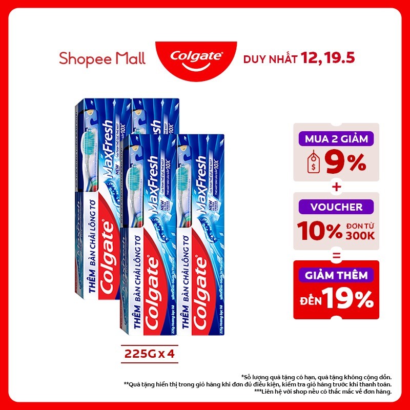 Ảnh Bộ 4 Kem đánh răng Colgate Maxfresh bạc hà the mát 225g/tuýp tặng bàn chải đánh răng lông mềm 1