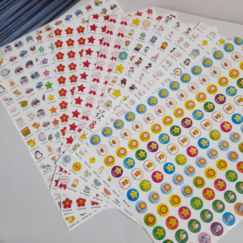 Sticker khen thưởng học sinh, tờ a4 có 154 hình dạng decal bóc dán ...