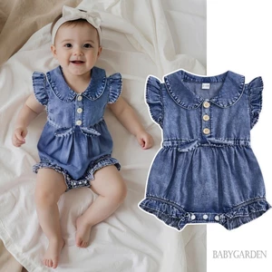 / / -Baby Girl Denim Romper Bay Tay Nút Đóng Quần Áo Trẻ Sơ Sinh Quần Áo Mùa Hè Cho Thường Ngày