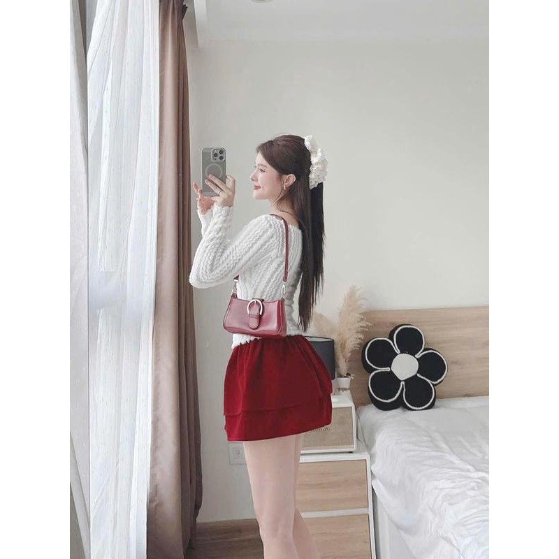 sét đồ đi chơi giáng sinh nữ, áo len cổ bẹt đính nơ, kèm chân váy ngắn xếp tầng sang chảnh Women Top Nhung